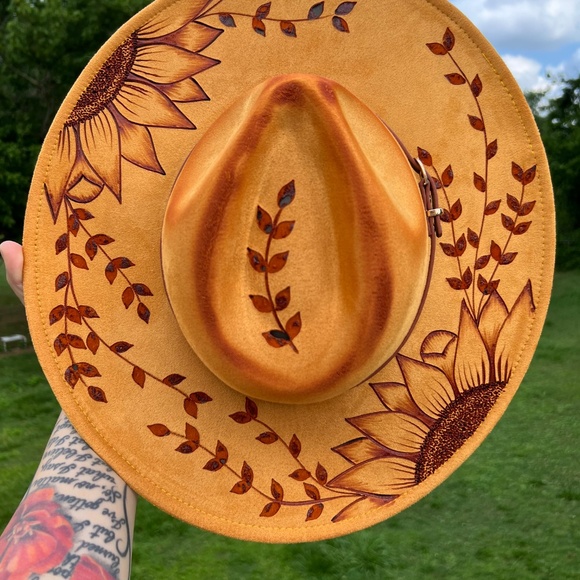 Hand Burned Yellow Double Sunflower Rancher Hat - Picture 4 of 4